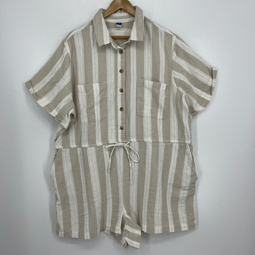 Old Navy Beige and White Striped Short-Sleeve Romper